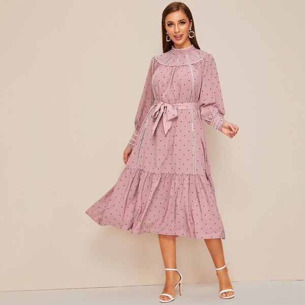 

Polka Dot Frill Trim Ruffle Hem Belted Dress, Pink