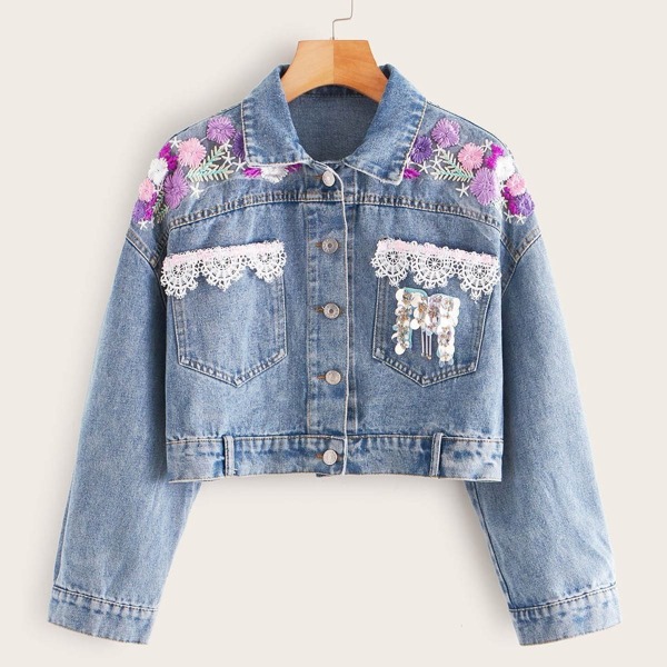 

Flower Embroidered Lace Panel Denim Jacket, Blue