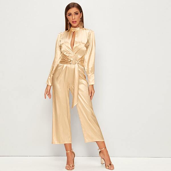 

Satin Cut Out O-Ring Belted Jumpsuit, Gold