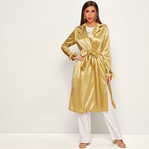 

Tie Sleeve Split Side Belted Satin Coat, Gold
