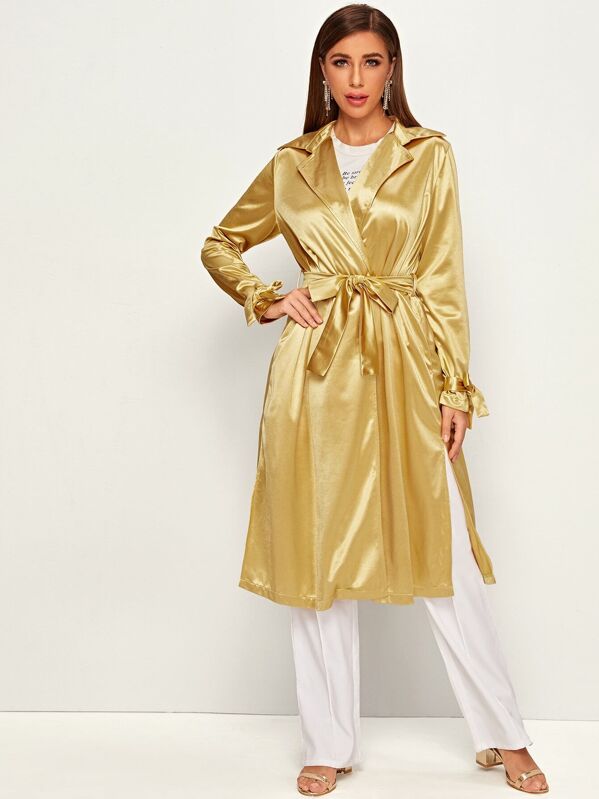 

Tie Sleeve Split Side Belted Satin Coat, Gold, Hanna