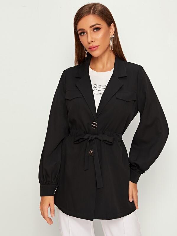 

Lapel Collar Double Button Tie Front Coat, Black, Hanna