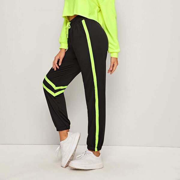 

Striped Contrast Tape Drawstring Joggers, Black