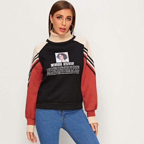 

Slogan & Figure Print Contrast Collar Sweatshirt, Multicolor