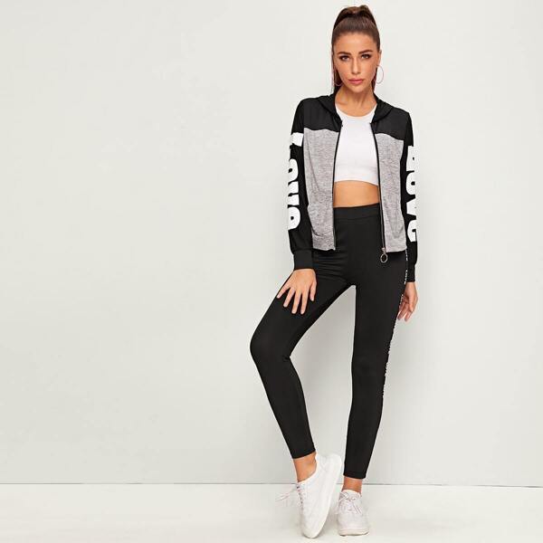 

Colorblock Letter Print Hooded Jacket & Leggings Set, Multicolor
