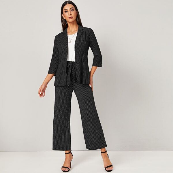 

Striped Single Breasted Blazer & Belted Pants Set, Black