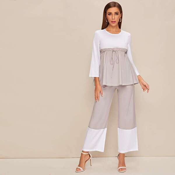 

Colorblock Drawstring Waist Peplum Blouse & Pants Set, Multicolor