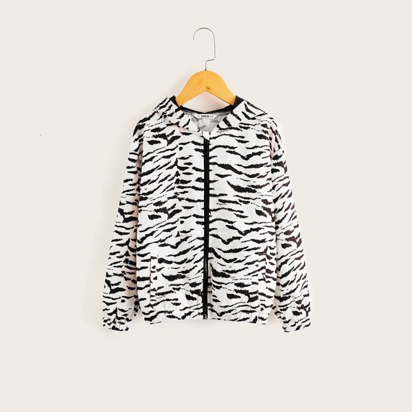 

Girls Zebra Print Pocket Front Windbreaker Jacket, Black and white