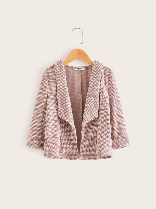 

Girls Shawl Collar Cuffed Sleeve Houndstooth Blazer, Pink