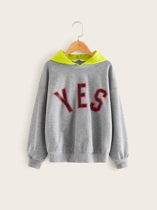 

Girls Drop Shoulder Letter Graphic Neon Hoodie, Grey