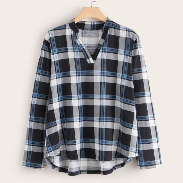 

Plus Notched Plaid High Low Hem Blouse, Multicolor