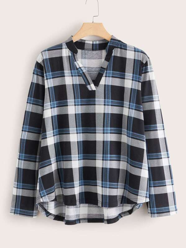 

Plus Notched Plaid High Low Hem Blouse, Multicolor