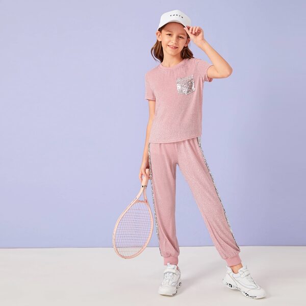 

Girls Patch Pocket Glitter Top & Striped Side Pants Set, Pink