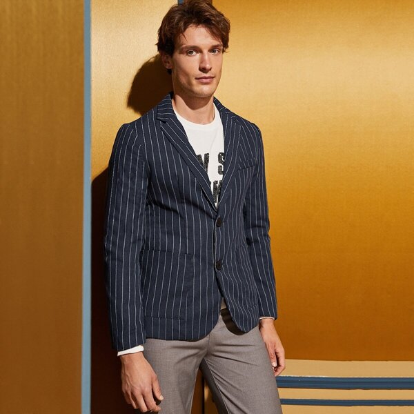 

Men Pocket Front Striped Blazer, Navy