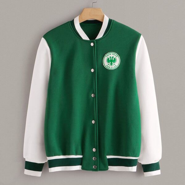 

Plus Contrast Panel Embroidery Patched Baseball Jacket, Green