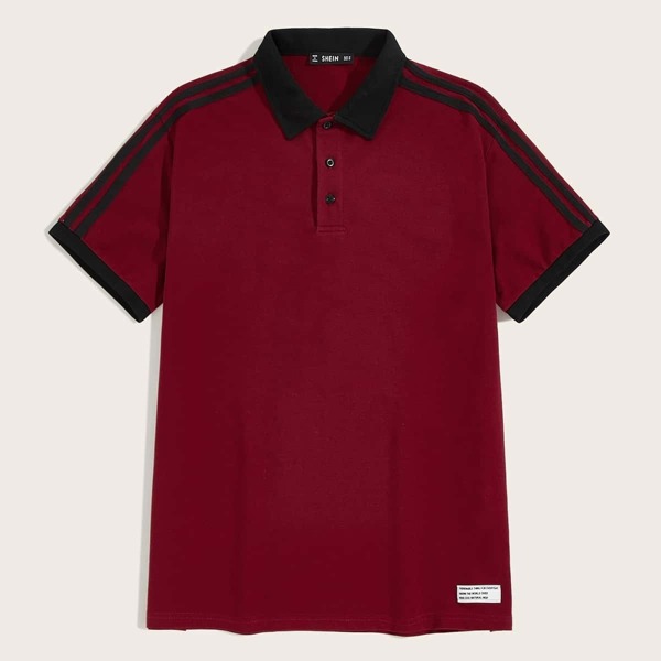 

Men Contrast Collar Striped Tape Sleeve Polo Shirt, Burgundy