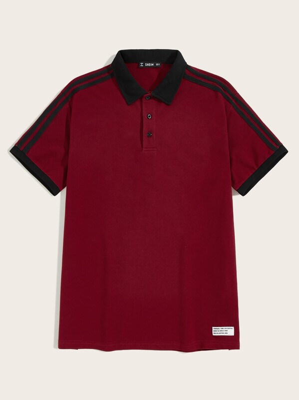 

Men Contrast Collar Striped Tape Sleeve Polo Shirt, Burgundy