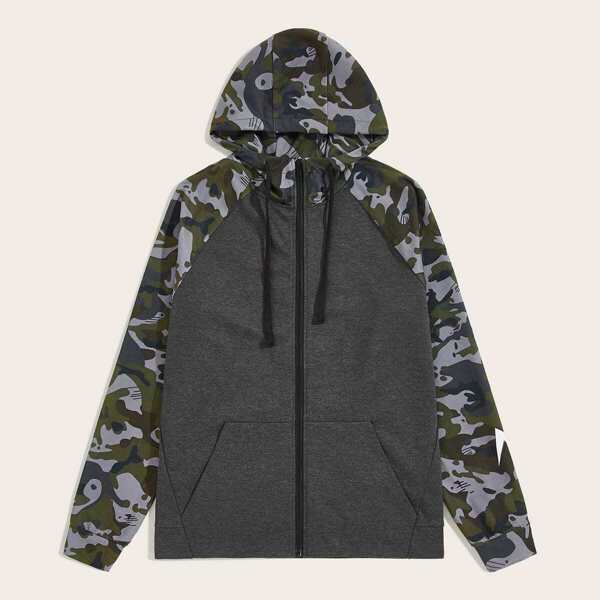

Men Camo Print Raglan Sleeve Zip Up Hoodie, Grey