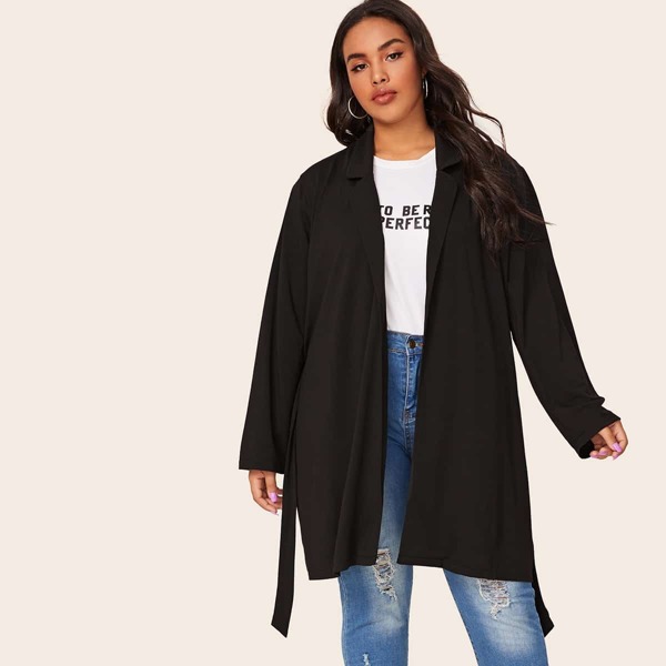 

Plus Lapel Neck Self Tie Open Front Coat, Black