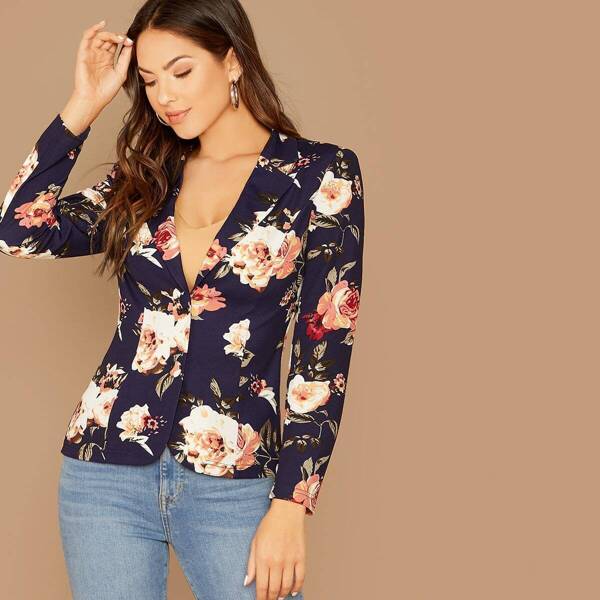 

Floral Print Shawl Collar Tailored Blazer, Navy