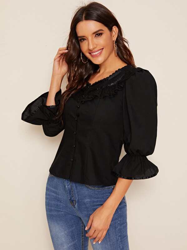 

Lace Trim Bell Sleeve Shirt, Black, Juliana