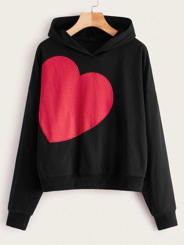 

Plus Heart Patched Drop Shoulder Hoodie, Black