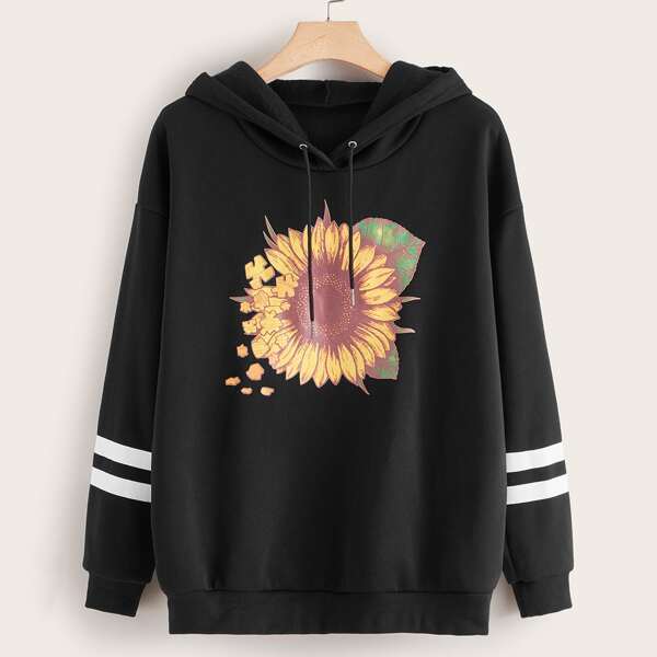 

Plus Sunflower And Striped Drawstring Hoodie, Black