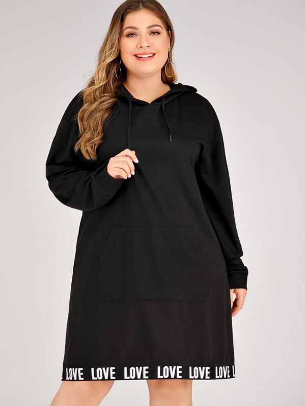 

Plus Letter Tape Kangaroo Pocket Hooded Sweatshirt Dress, Black, Carol
