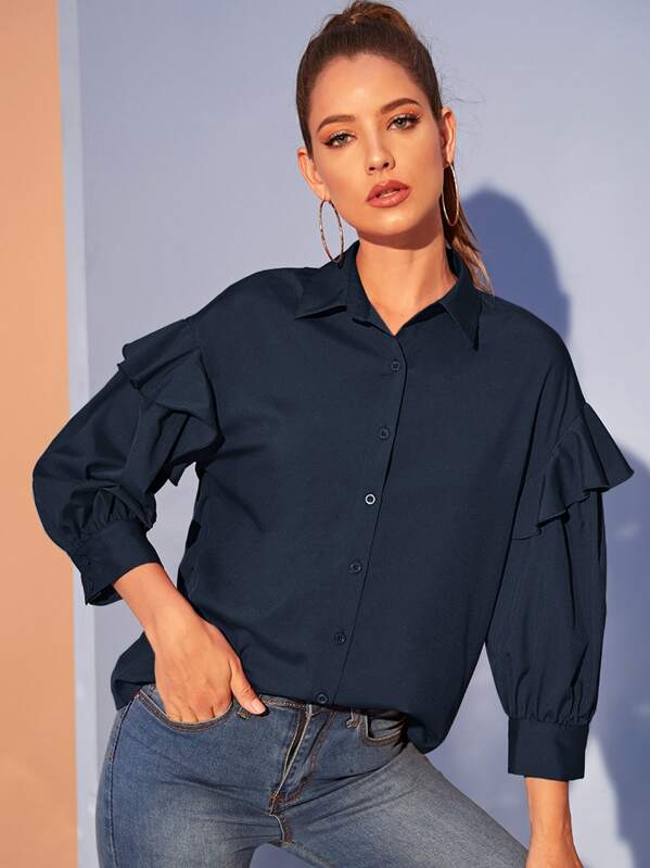 

Ruffle Detail Lantern Sleeve Blouse, Navy, Debi Cruz