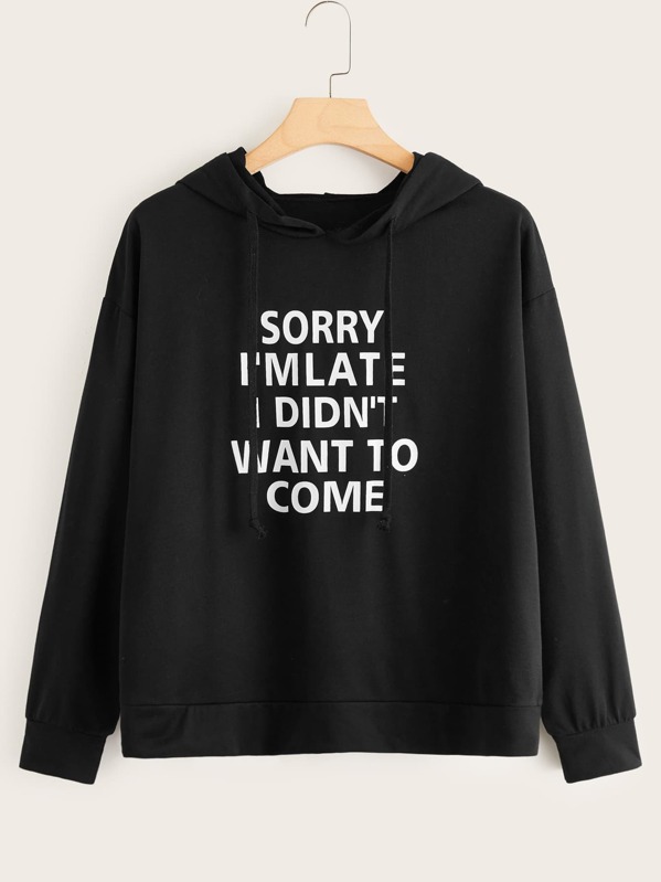

Plus Slogan Print Drawstring Hooded Sweatshirt, Black