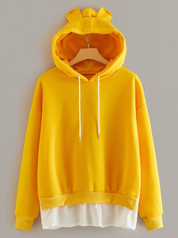 

Plus Contrast Panel Hem Drawstring Hoodie, Yellow