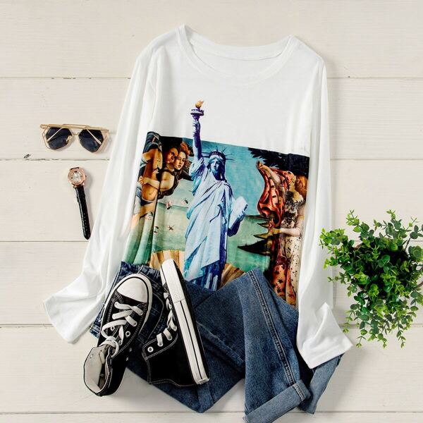 

Plus Figure Print Round Neck Tee, White