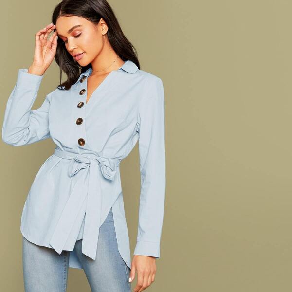 

Button Front Curved Hem Belted Blouse, Blue pastel