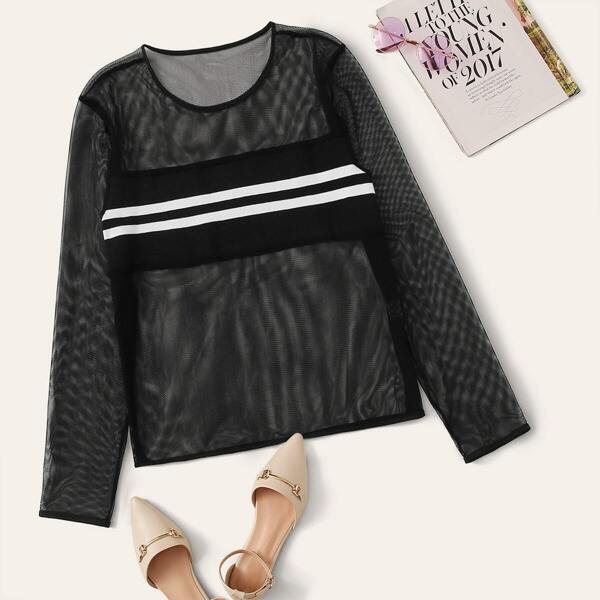 

Plus Striped Panel Sheer Mesh Top