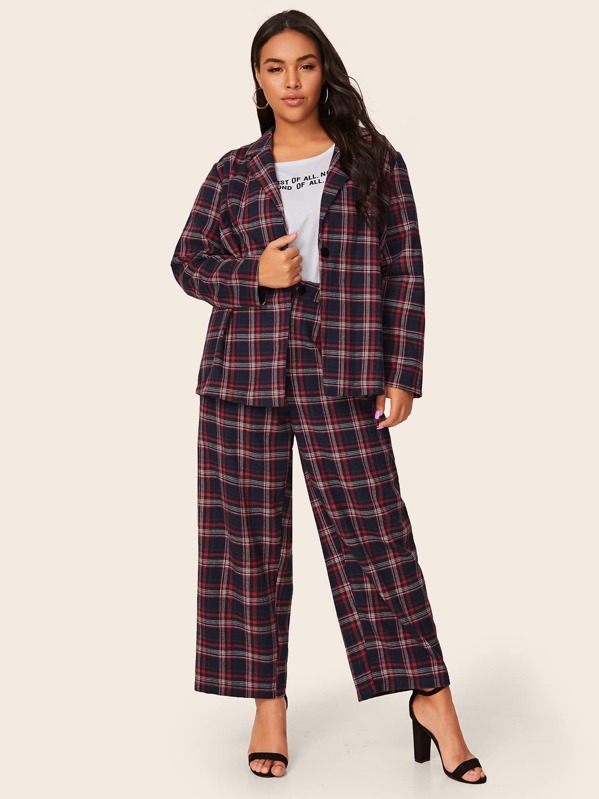 

Plus Lapel Neck Single Button Tartan Blazer & Pants, Multicolor, Emilie