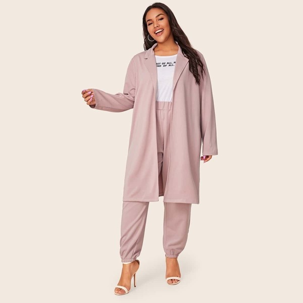 

Plus Lapel Neck Solid Open Front Coat & Pants, Pink