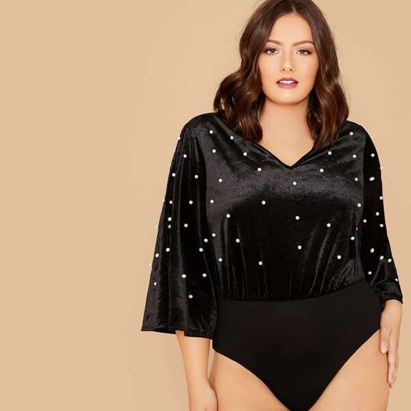 

Plus Pearl Beaded Bell Sleeve Velvet Bodysuit, Black