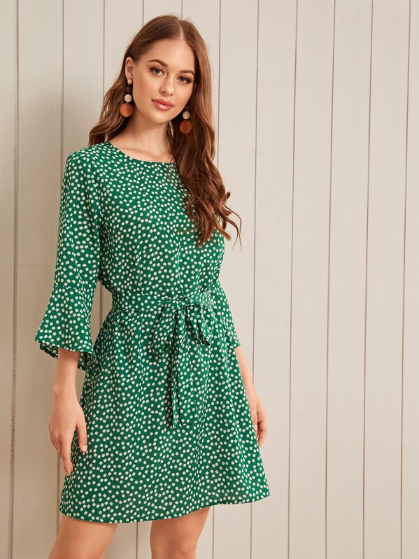 

Flounce Sleeve Ditsy Floral Print Belted Dress, Green, Sonya