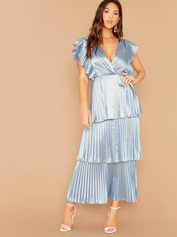 

Plunging Neck Layered Pleated Ruffle Hem Satin Dress, Blue, Christen Harper