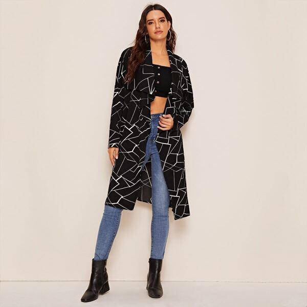 

Waterfall Neck Geo Print Trench Coat