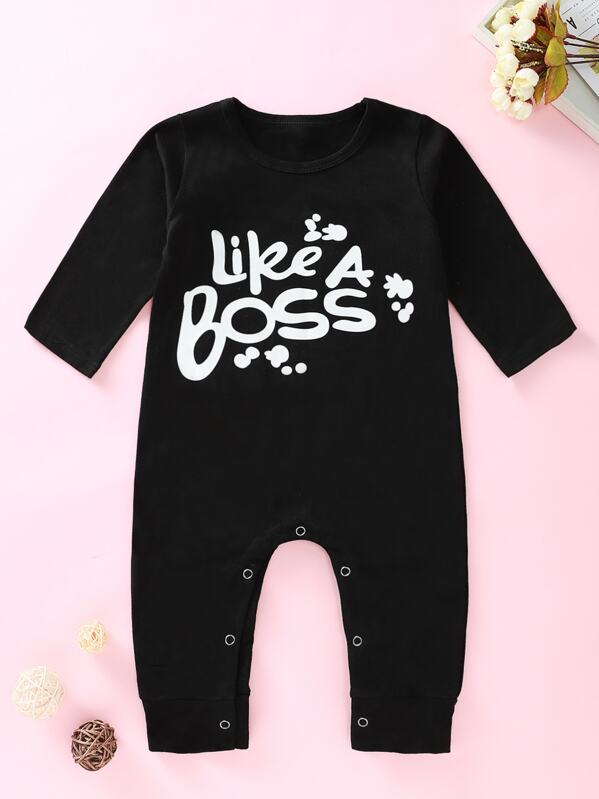 

Baby Boy Letter Print Popper Jumpsuit, Black