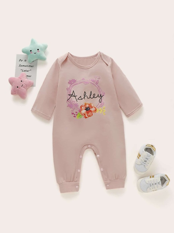 

Baby Girl Floral And Letter Print Popper Jumpsuit, Pink