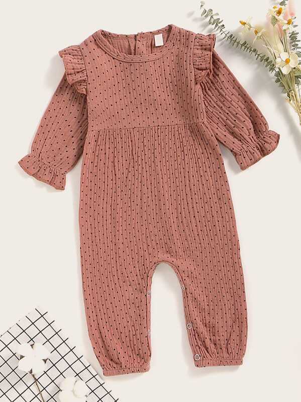 

Baby Girl Polka Dot Frill Trim Jumpsuit, Pink