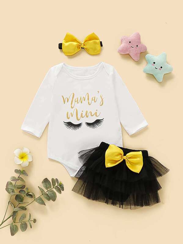 

Baby Girl Letter Print Romper & Overlay Mesh Shorts & Headband, Black and white