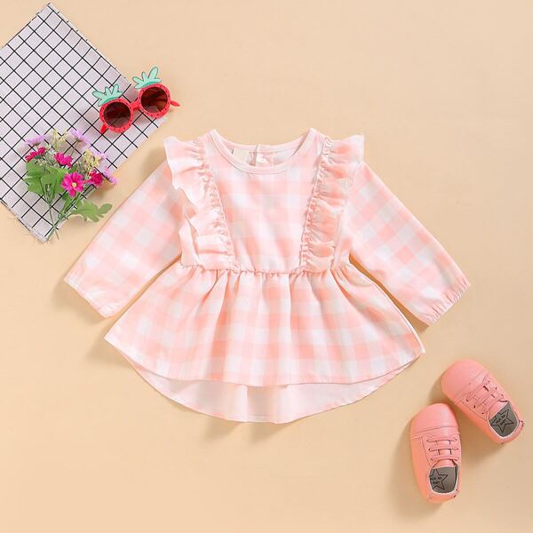 

Baby Girl Gingham Ruffle Trim High Low Blouse