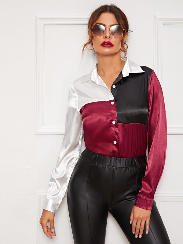 

Satin Cut And Sew Single Button Blouse, Multicolor, Andy