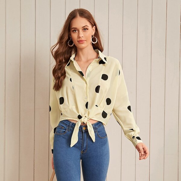 

Polka Dot High Low Knot Hem Blouse, Beige
