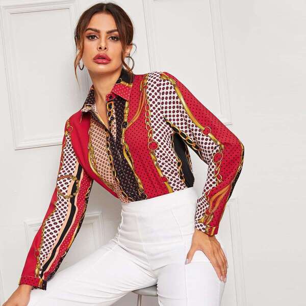 

Chain Print Single Breasted Blouse, Multicolor