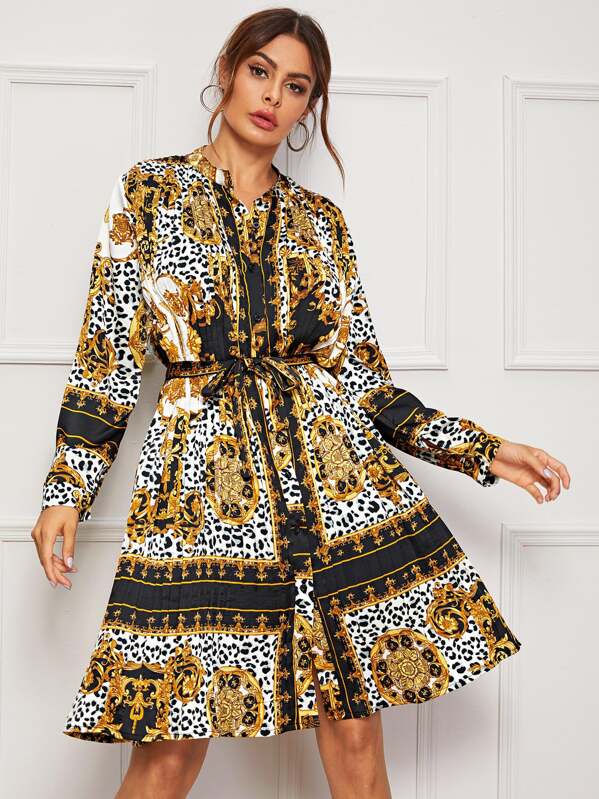 

Scarf And Leopard Print Belted Plisse Shirt Dress, Multicolor, Andy