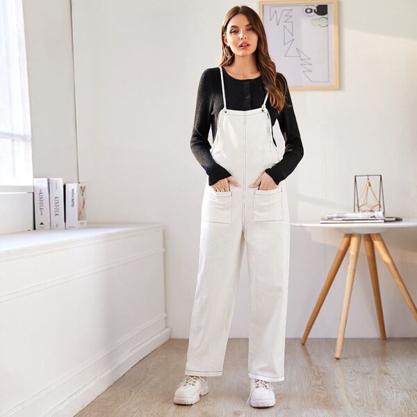 

Contrast Topstitching Dual Pockets Overalls